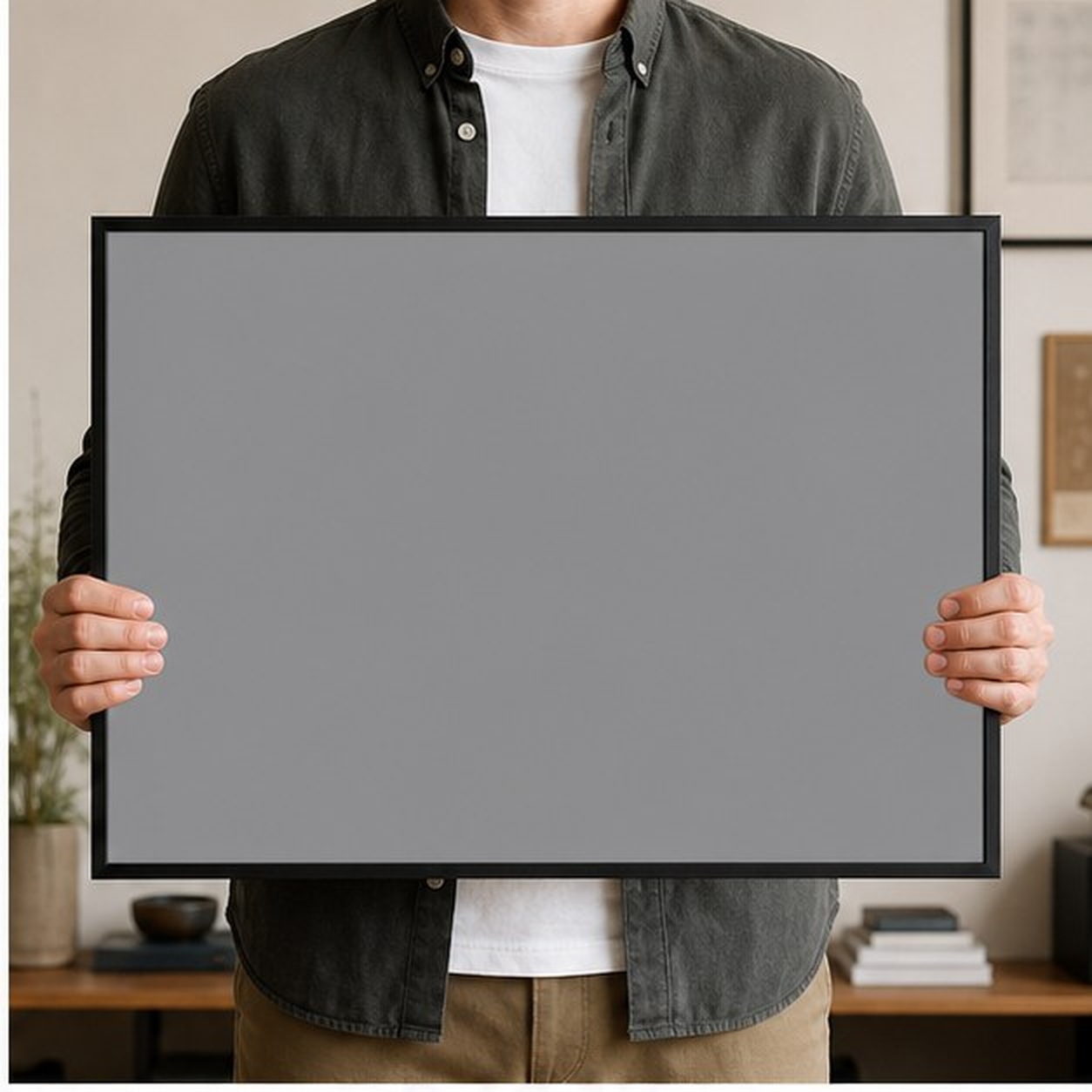 Collector holding a framed artwork