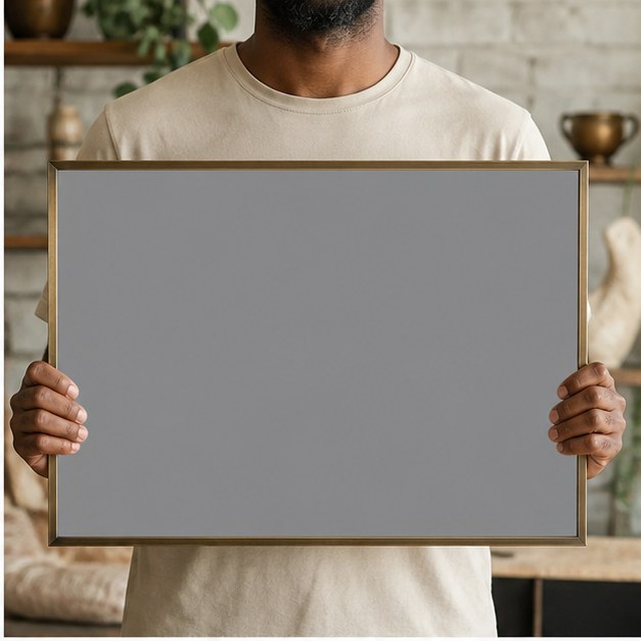 Collector holding a framed artwork