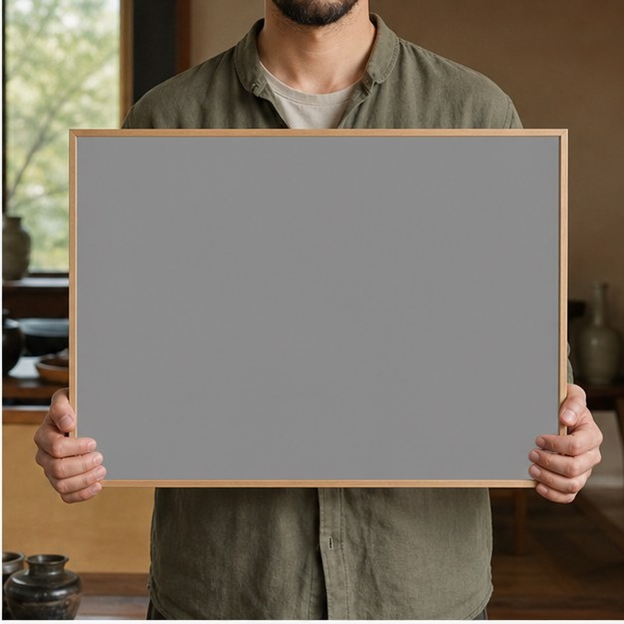 Collector holding a framed artwork