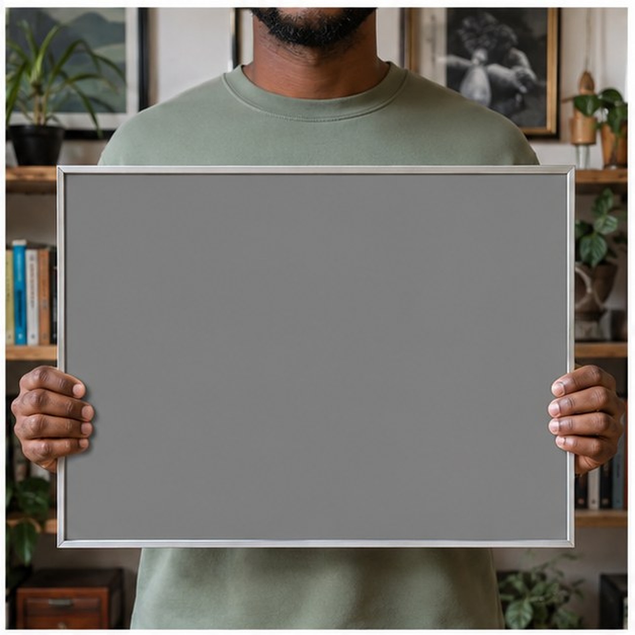 Collector holding a framed artwork