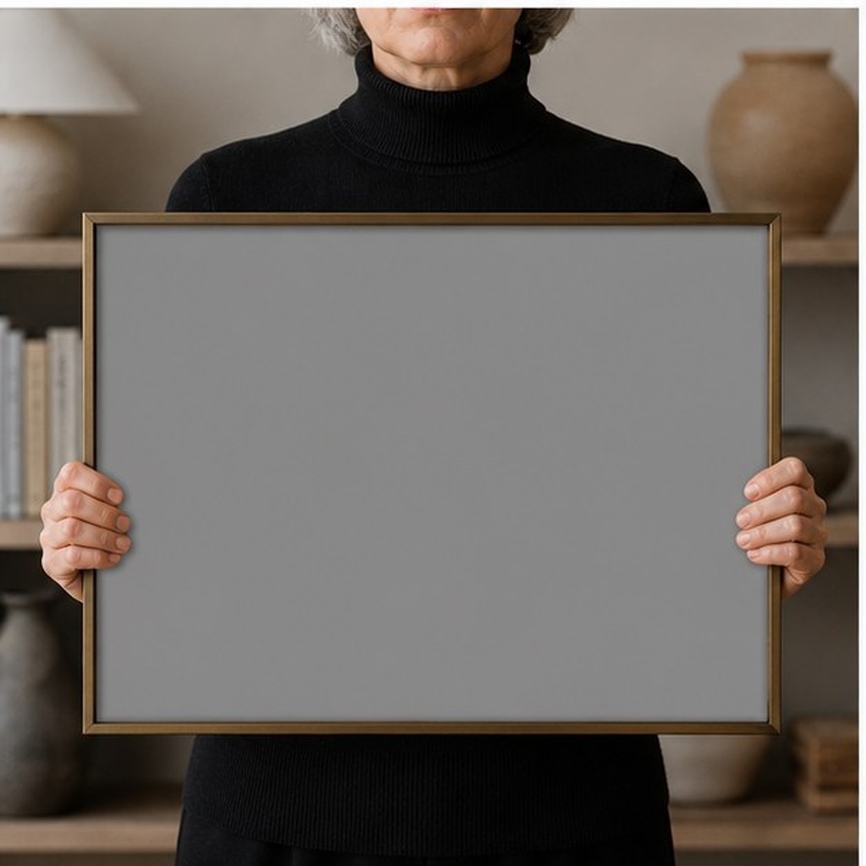 Collector holding a framed artwork