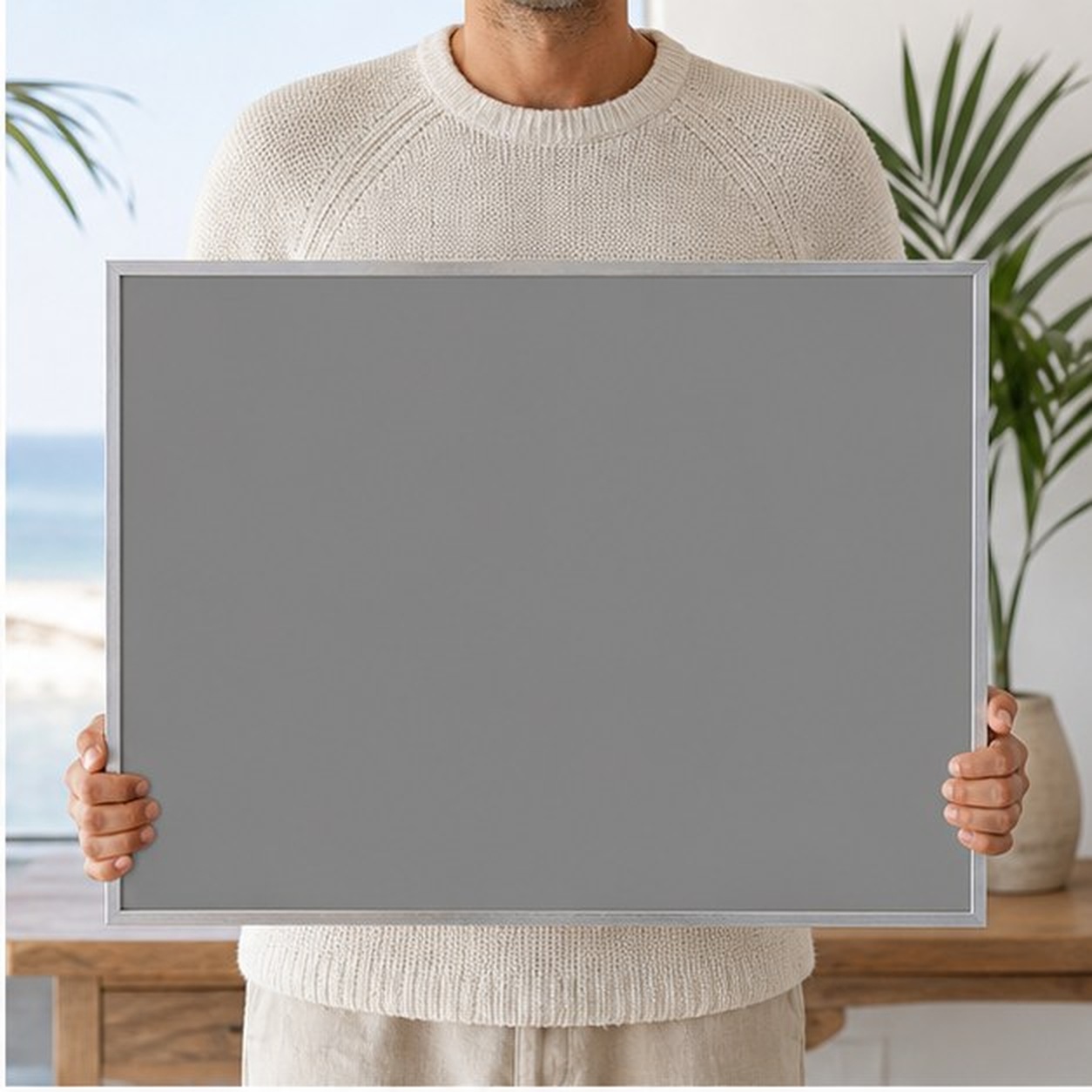 Collector holding a framed artwork