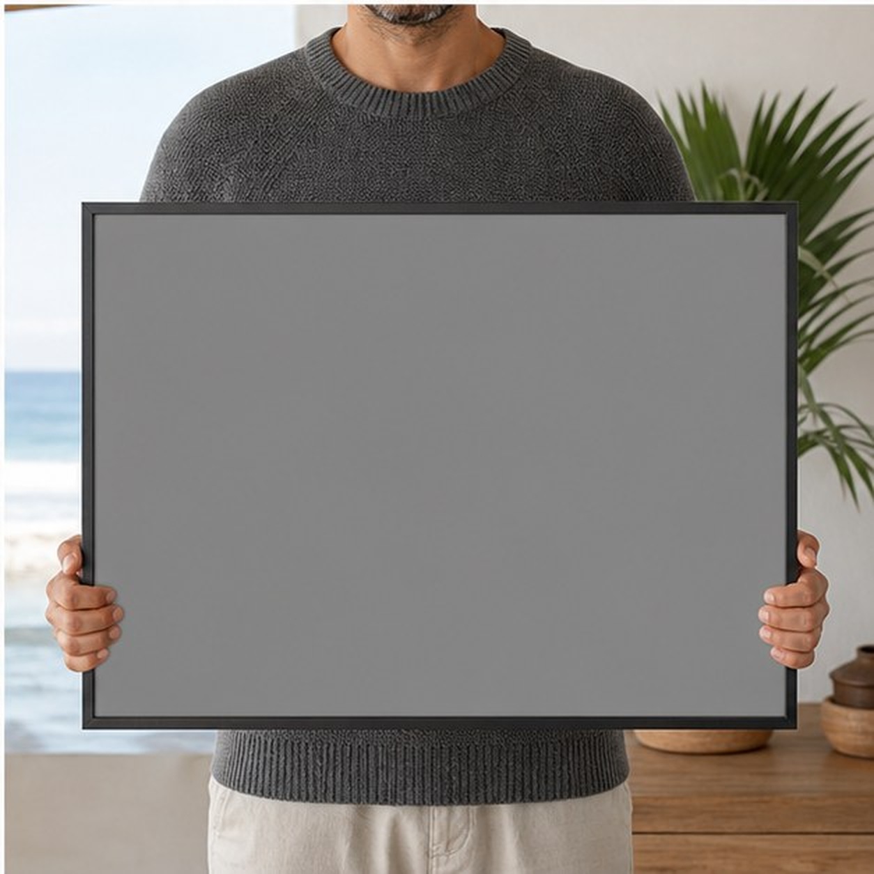 Collector holding a framed artwork