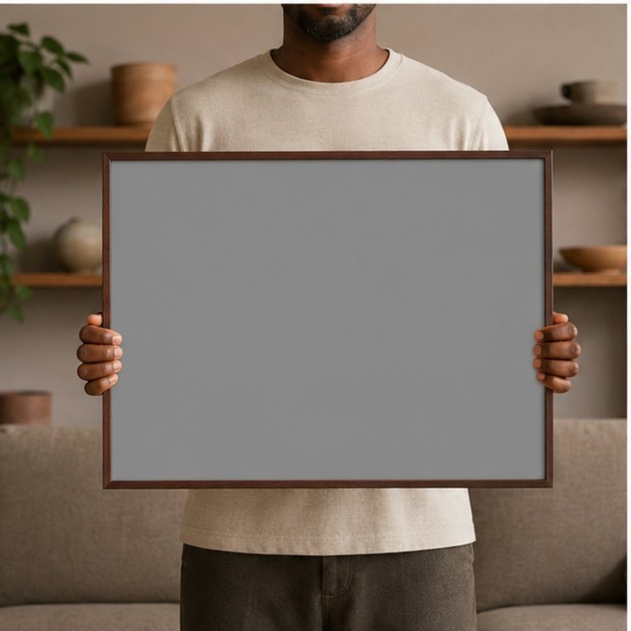 Collector holding a framed artwork