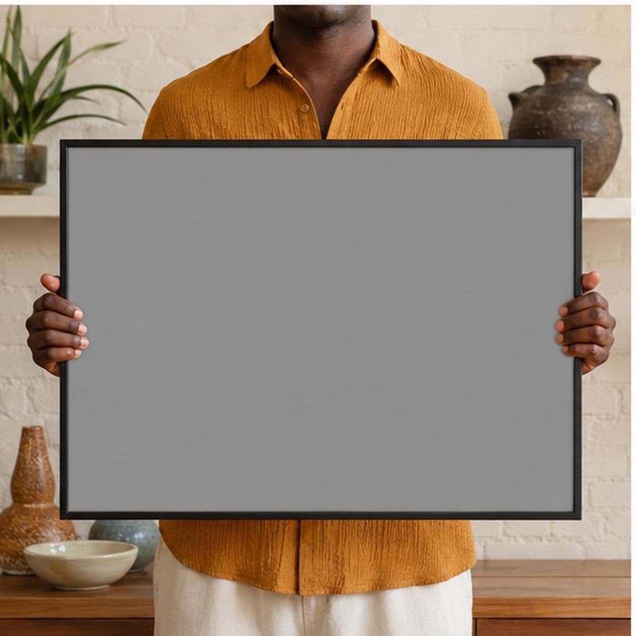 Collector holding a framed artwork