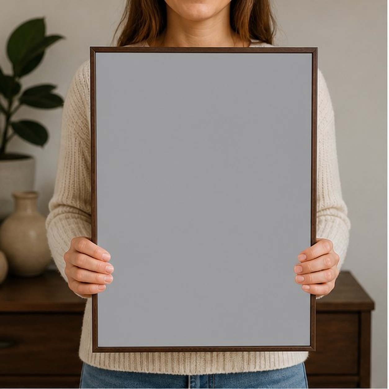 Collector holding a framed artwork