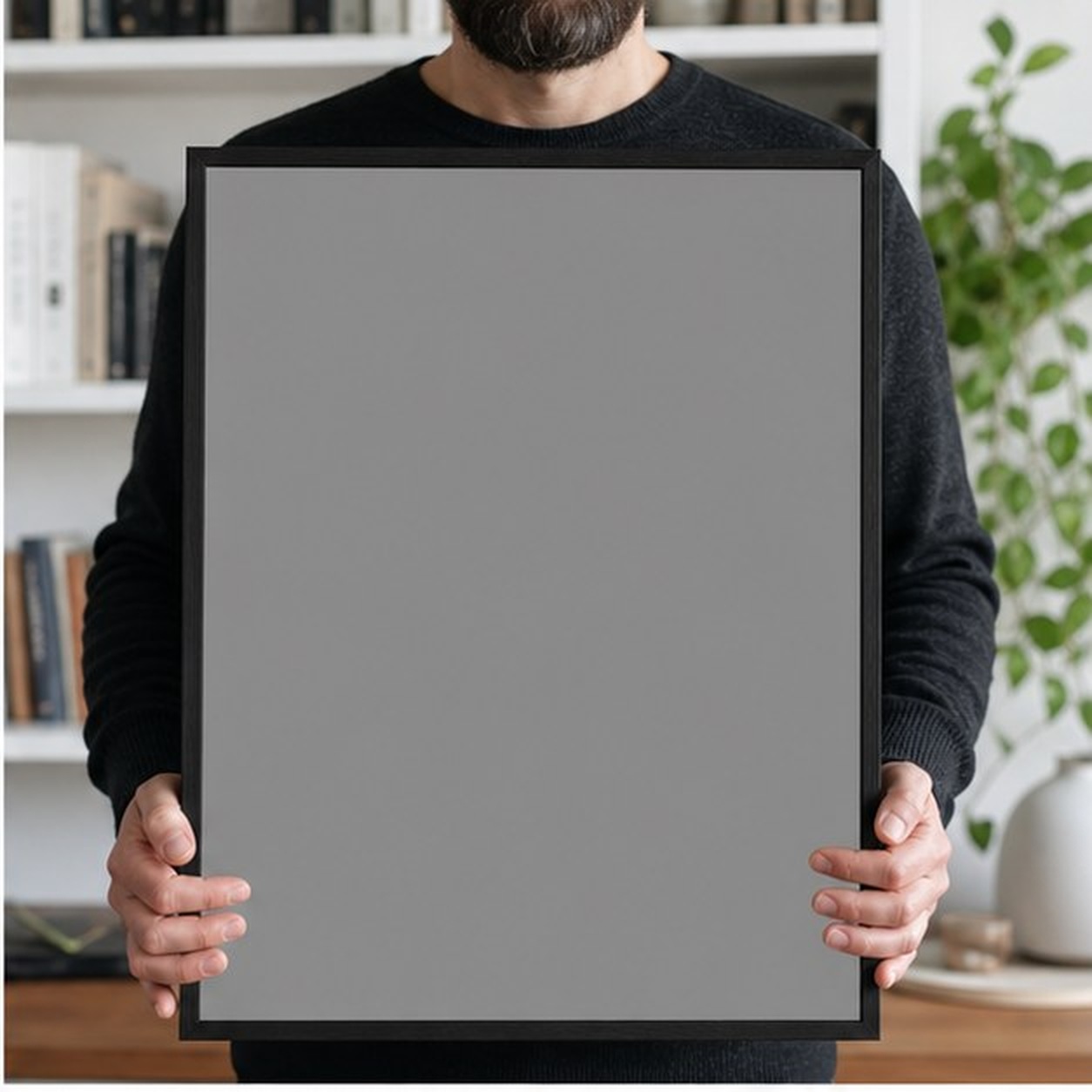Collector holding a framed artwork