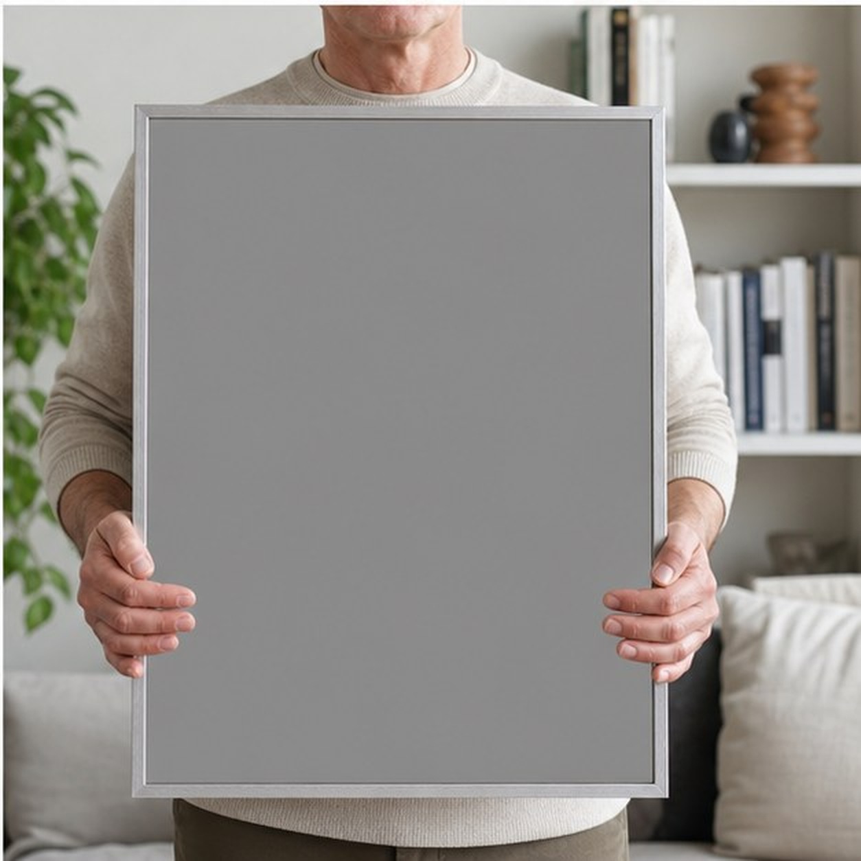 Collector holding a framed artwork
