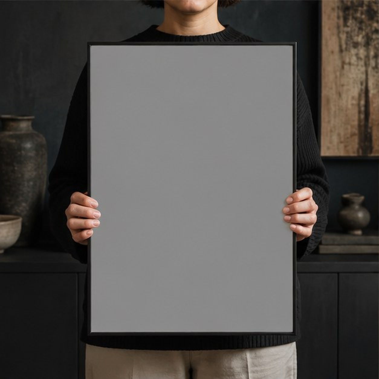Collector holding a framed artwork