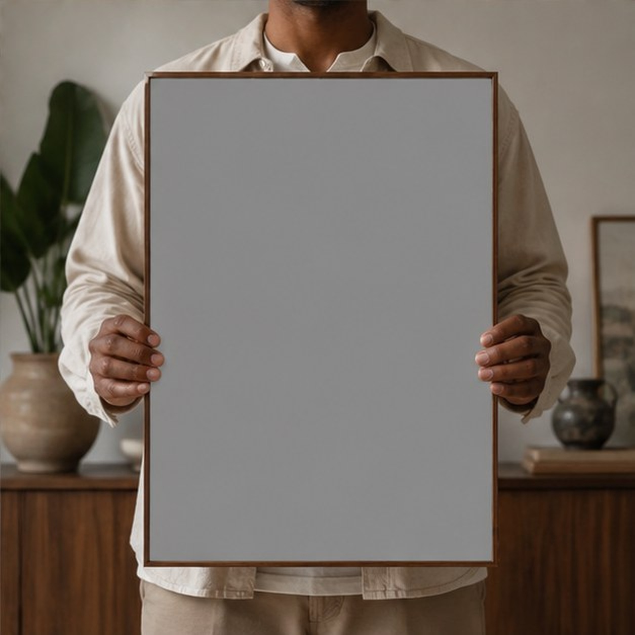 Collector holding a framed artwork