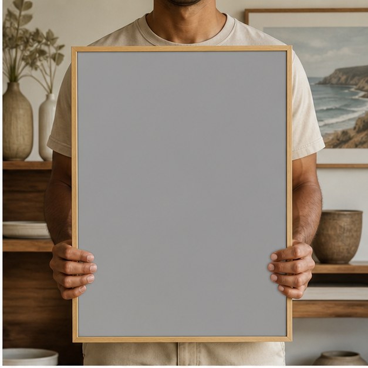 Collector holding a framed artwork