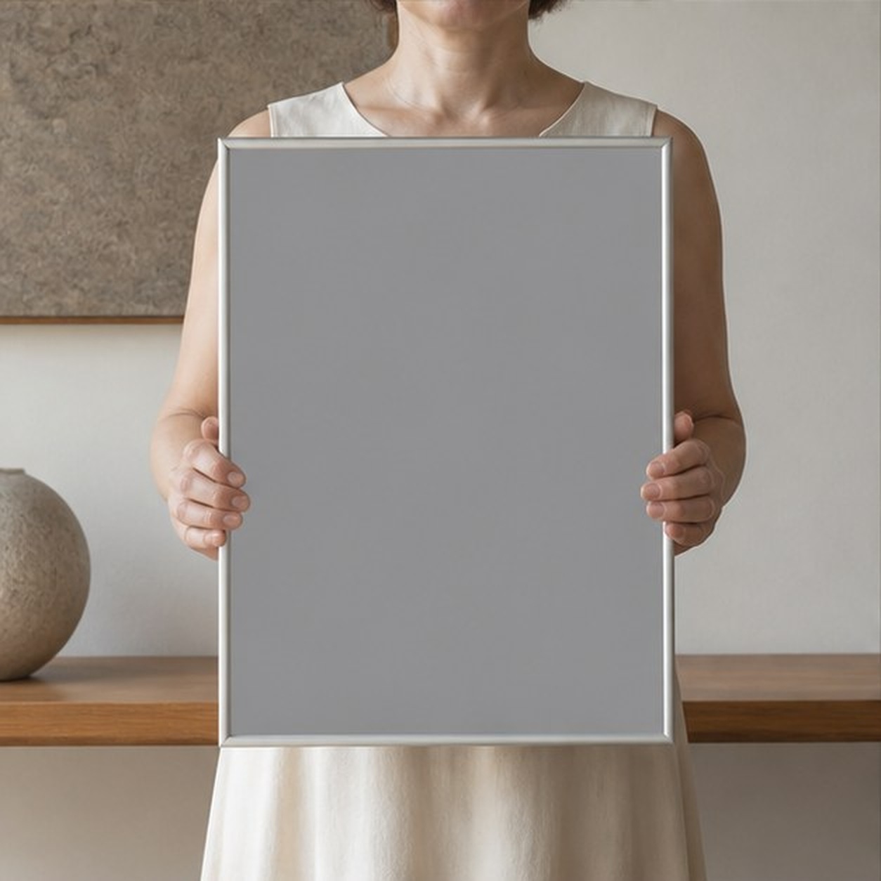 Collector holding a framed artwork