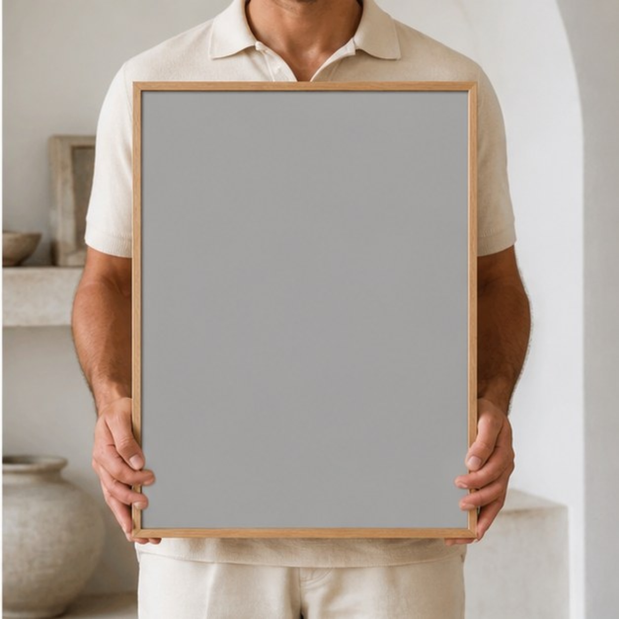 Collector holding a framed artwork