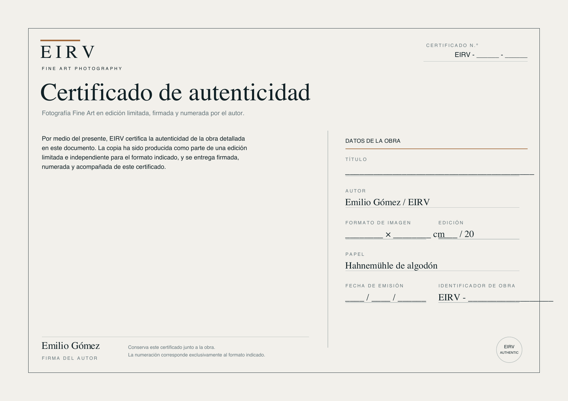 Diseño del certificado de autenticidad de EIRV con la firma de Emilio Gómez